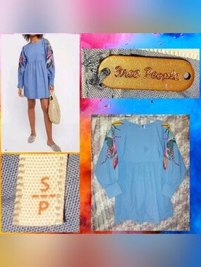 Free People Lt Blue/Multiclr Embroidered Mini Obsessions Soft Woven Dress Sz Sml